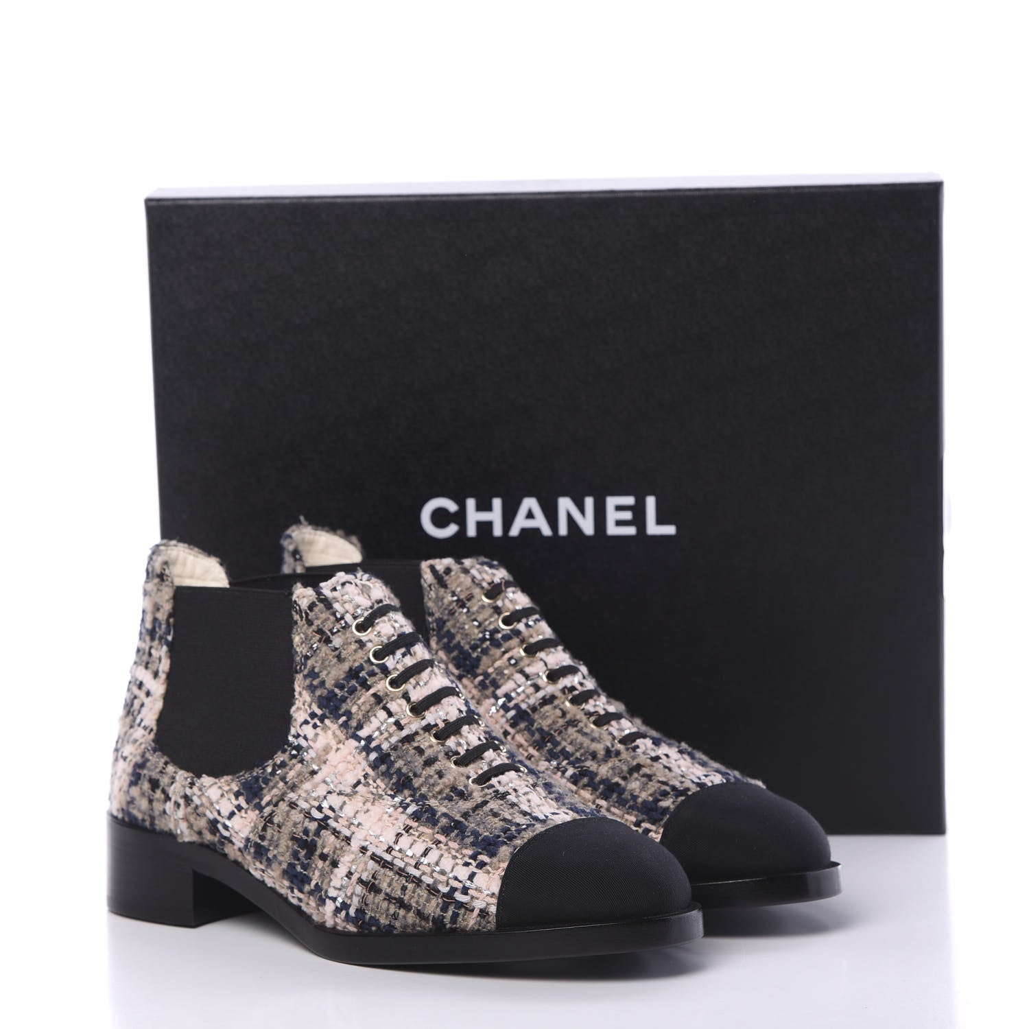 Chanel Tweed Grosgrain Cap Toe CC Short Boots 38.5 Beige Black Pink 9 of 9