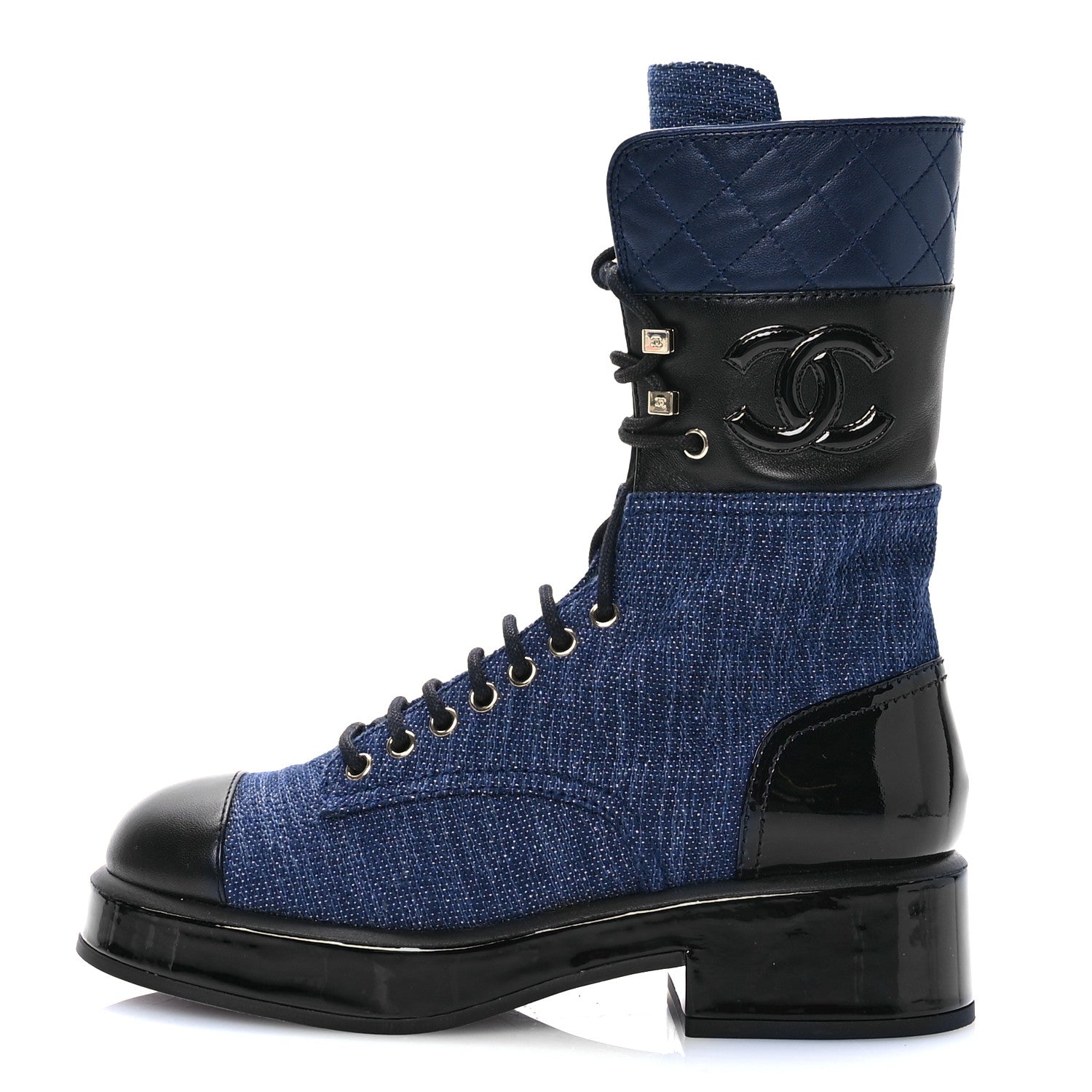 Chanel Denim Patent Lambskin Quilted CC Lace Up Combat Boots 37.5 Blue Black 1 of 8
