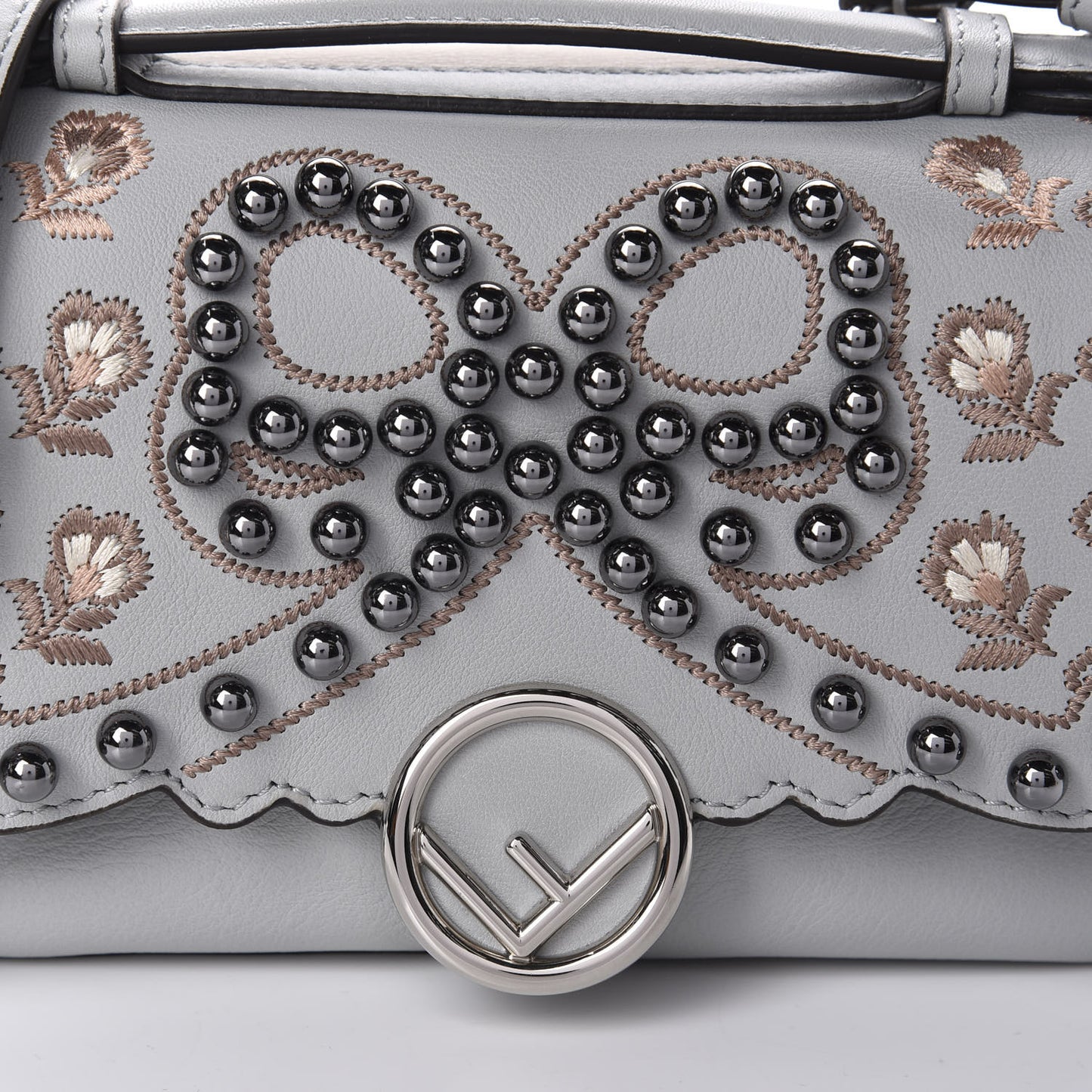 Vitello Dolce F is Flowers and Bows Scalloped Micro Double Baguette Grigio Perla Camelia