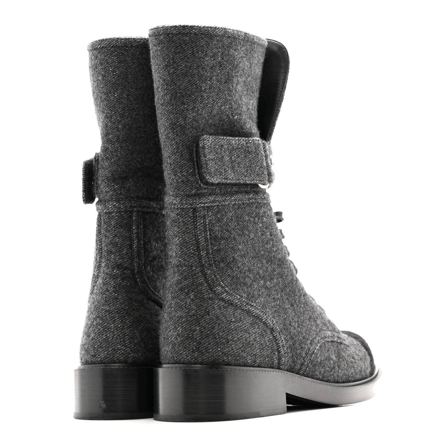 Chanel Tweed Lace Up Combat Boots 37.5 Dark Grey Black 10 of 26