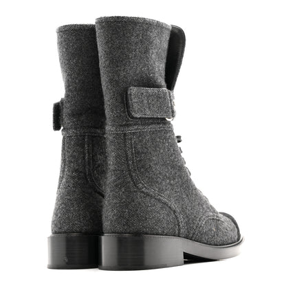 Chanel Tweed Lace Up Combat Boots 37.5 Dark Grey Black 10 of 26