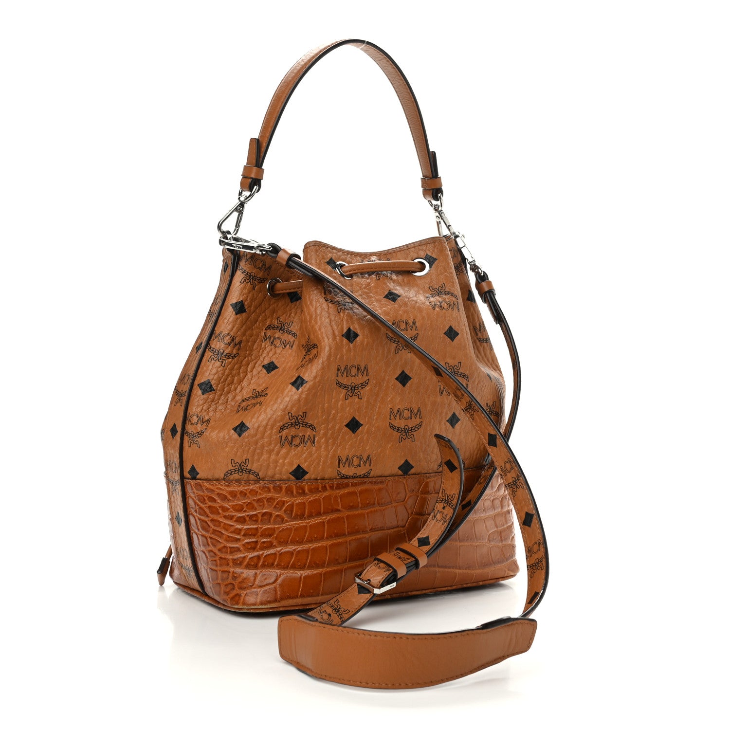 MCM Visetos Crocodile Embossed Geonautic Bucket Bag Cognac 3 of 10