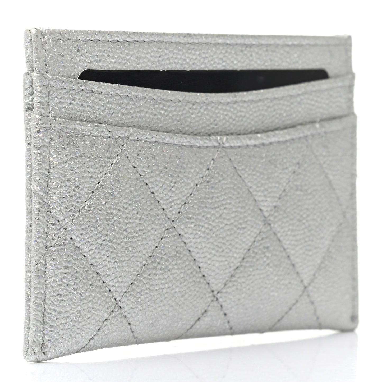 Glittered Metallic Caviar Quilted Card Holder Silver