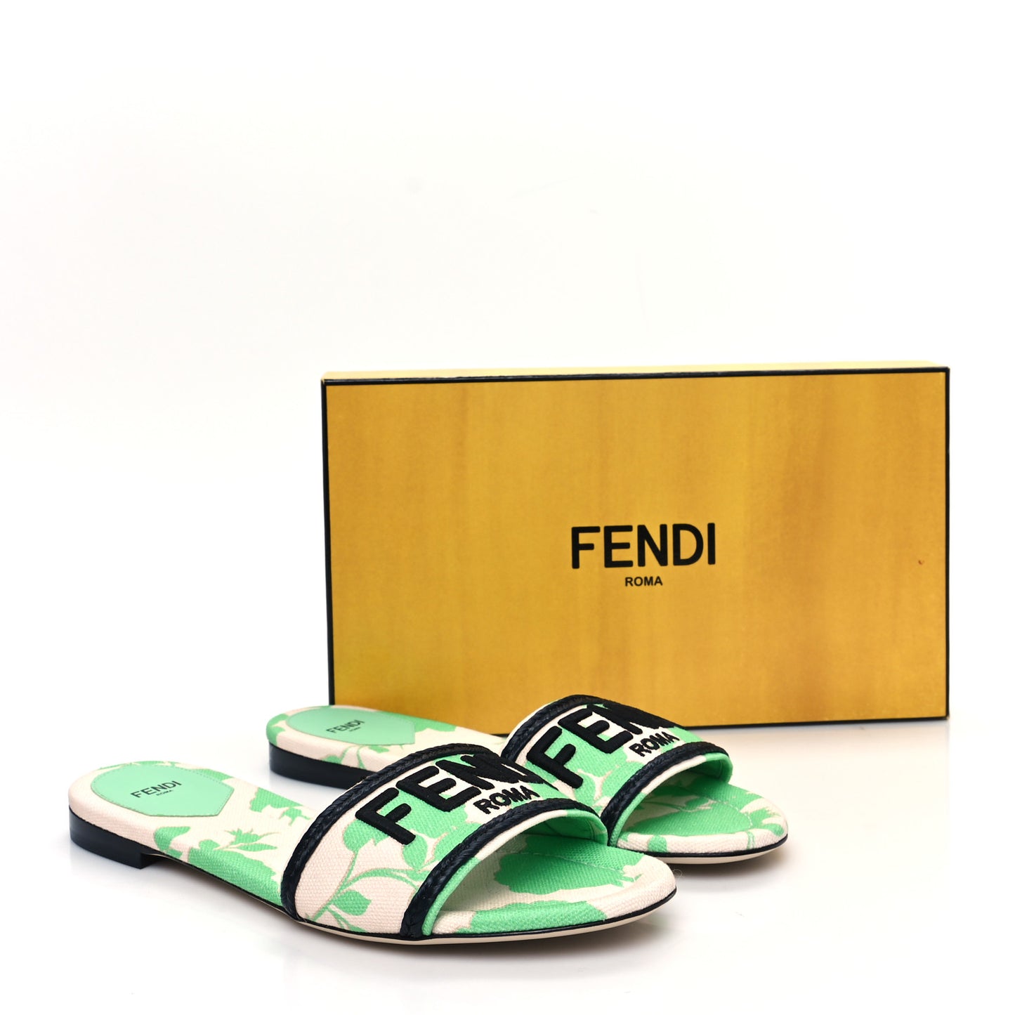 Canvas Floral Print Logo Flat Slide Sandals 41 Green