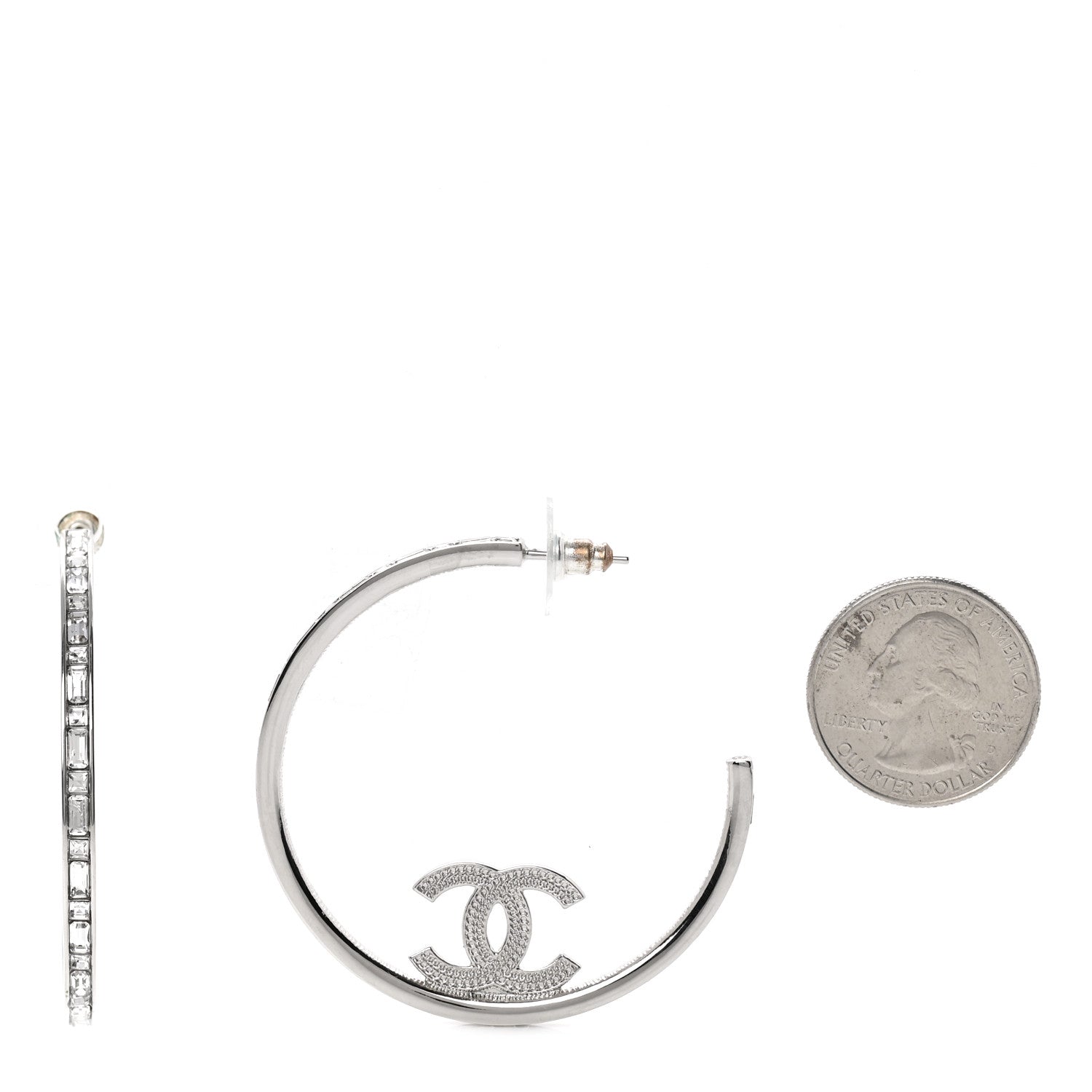 Chanel Metal Crystal Baguette CC Large Hoop Earrings Silver 2 of 5