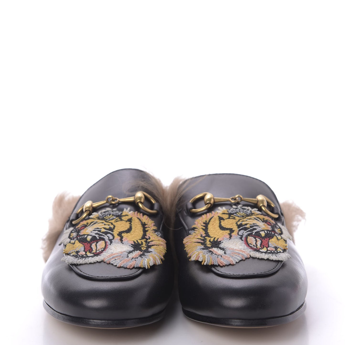 Calfskin Fur Tiger Embroidered Womens Princetown Slippers 36 Black