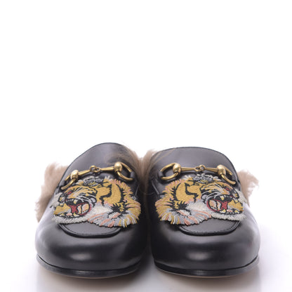 Gucci Calfskin Fur Tiger Embroidered Womens Princetown Slippers 36 Black 4 of 10
