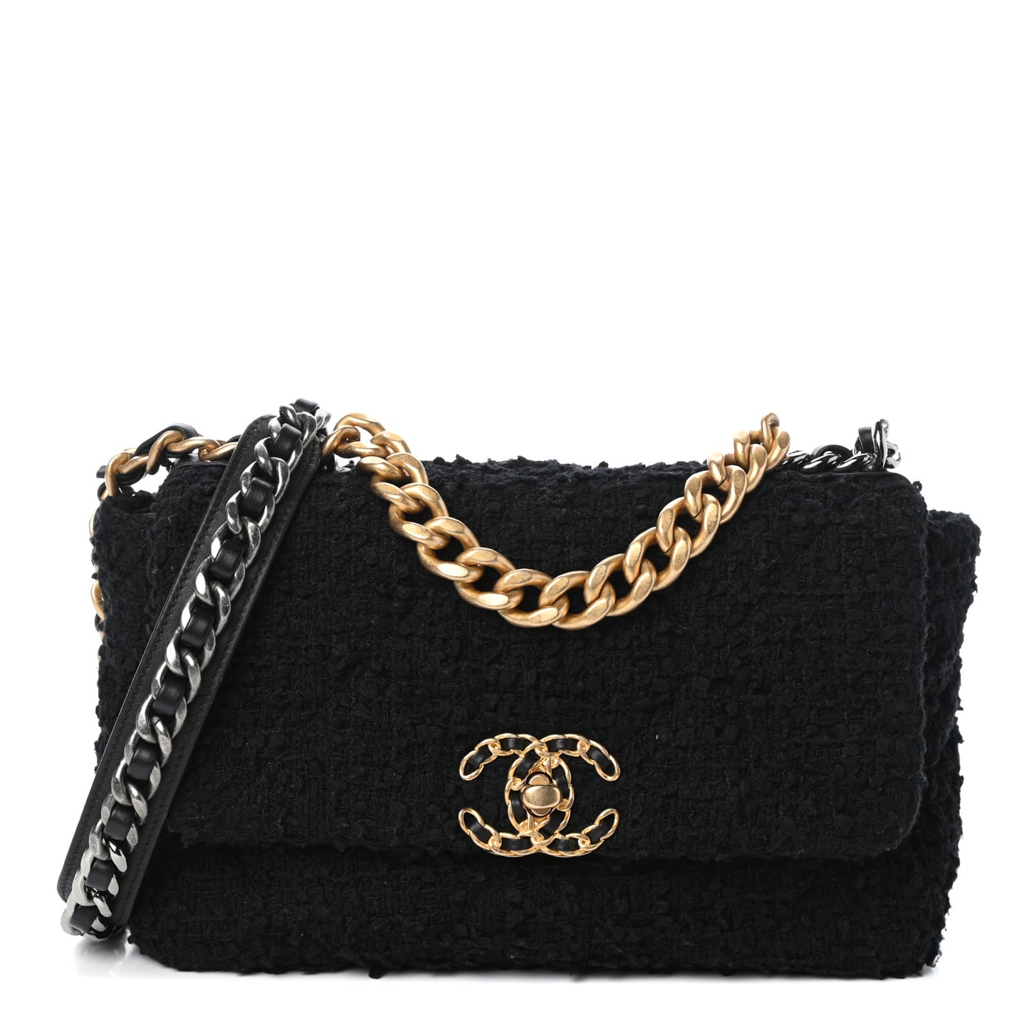 Tweed Quilted Medium Chanel 19 Flap Black