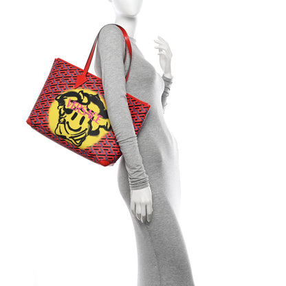 Versace Coated Canvas Calfskin La Greca Signature Shopper Tote Bag Blue Red 2 of 13