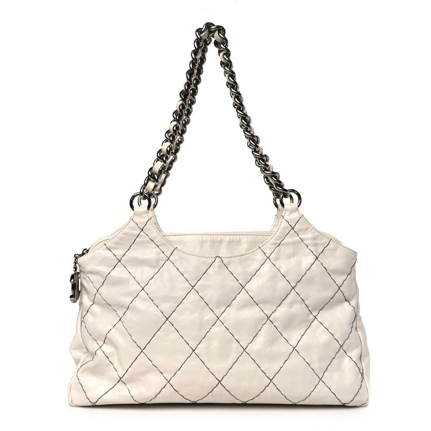 Aged Calfskin Double Contrast Stitch Hobo Bag Ivory