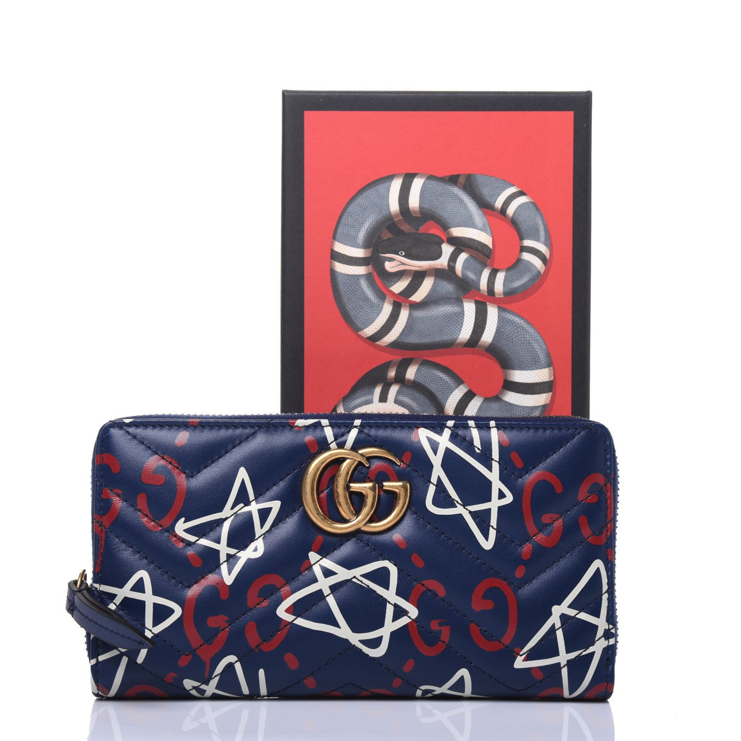 Gucci Calfskin Matelasse GucciGhost GG Marmont Zip Around Wallet Blue Agata Hibiscus Red 12 of 12