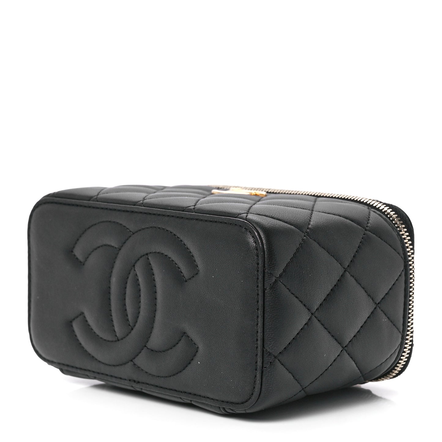 Lambskin Quilted Sweet Camellia Small Vanity Case With Chain Black