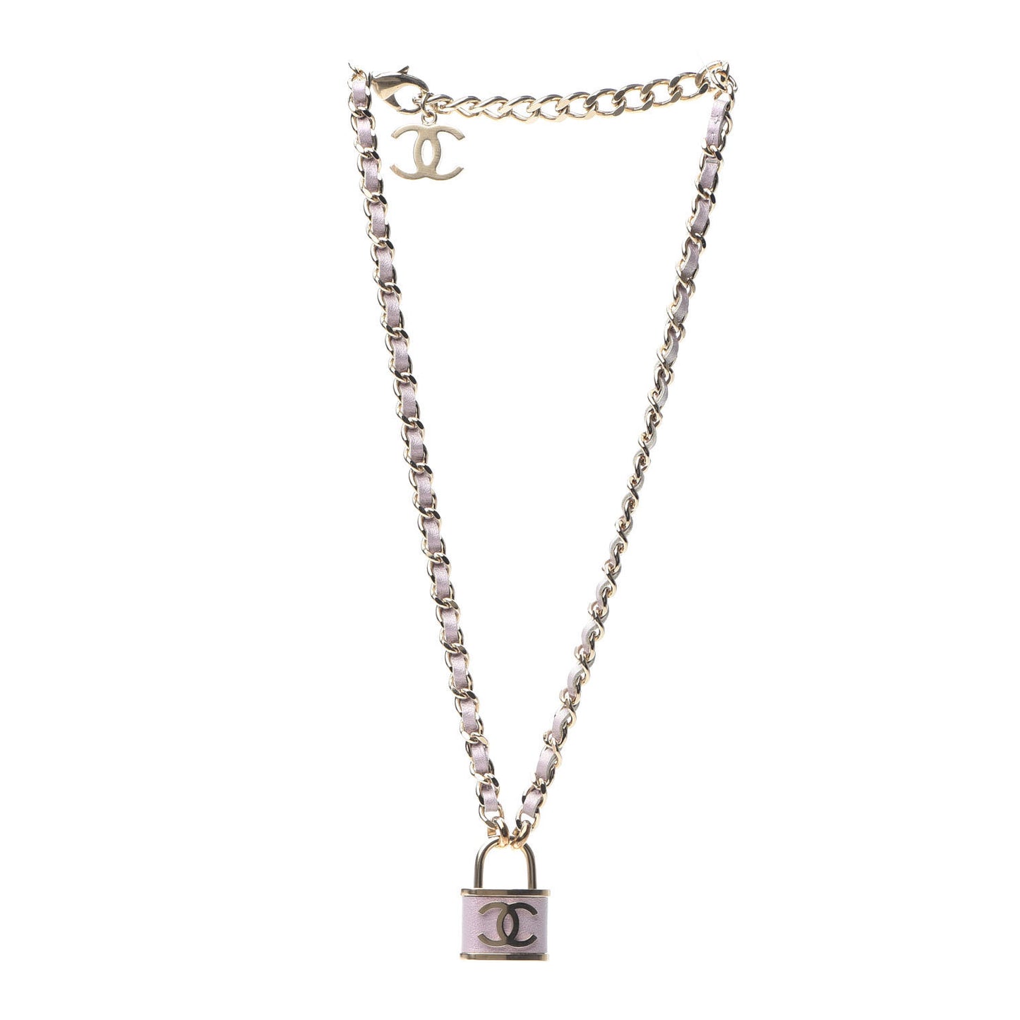 Metal Lambskin Lock Necklace Iridescent Pink