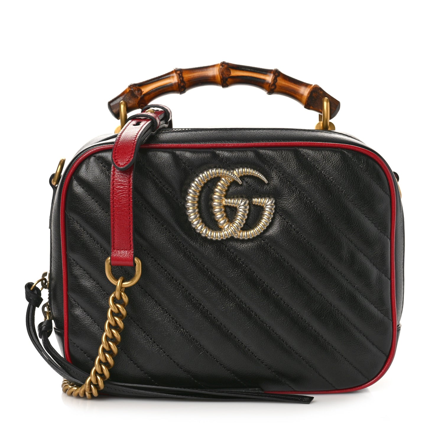 Vintage Effect Calfskin Matelasse Diagonal Small Torchon GG Marmont Bamboo Top Handle Shoulder Bag Black Romantic Cherry