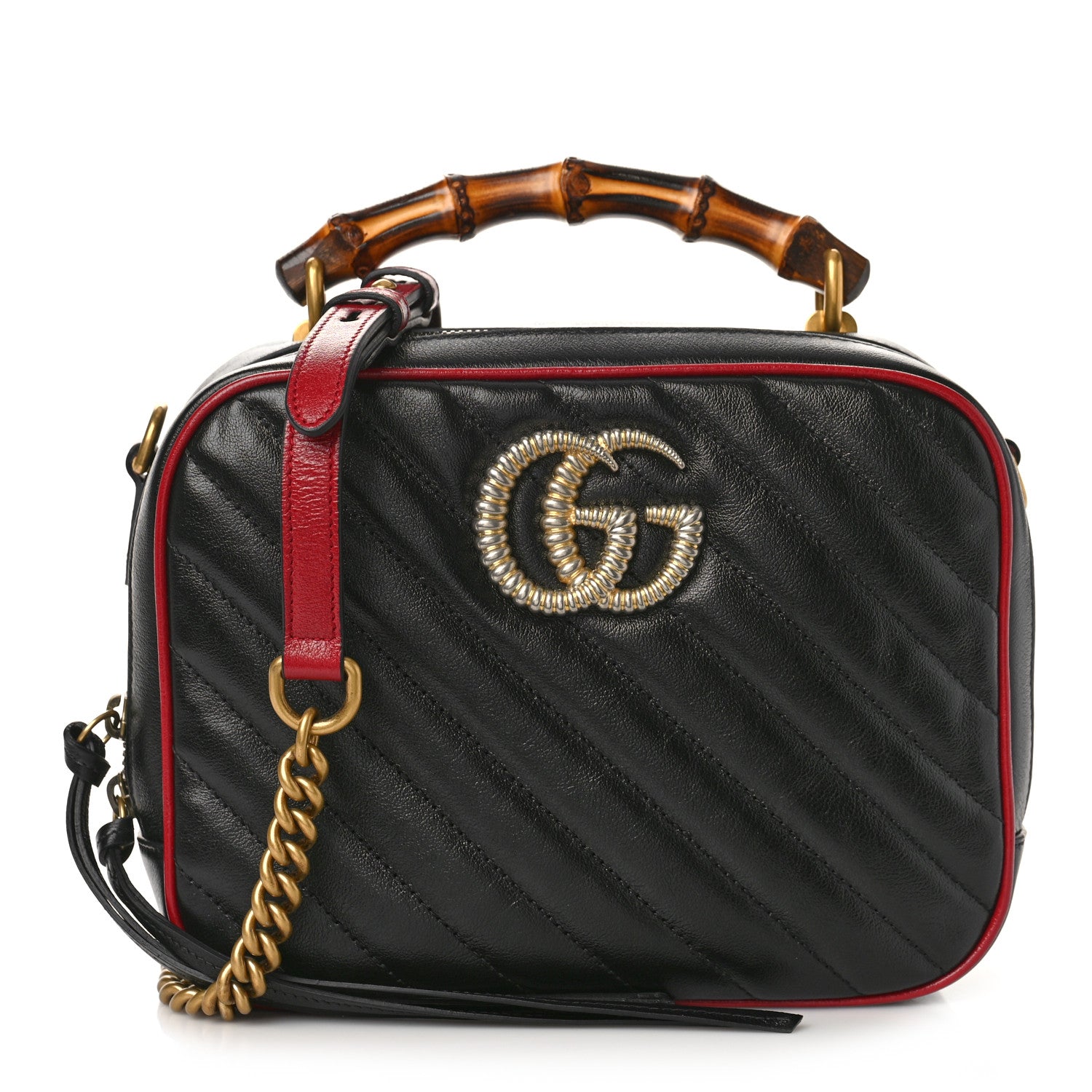 Gucci Vintage Effect Calfskin Matelasse Diagonal Small Torchon GG Marmont Bamboo Top Handle Shoulder Bag Black Romantic Cherry 1 of 9