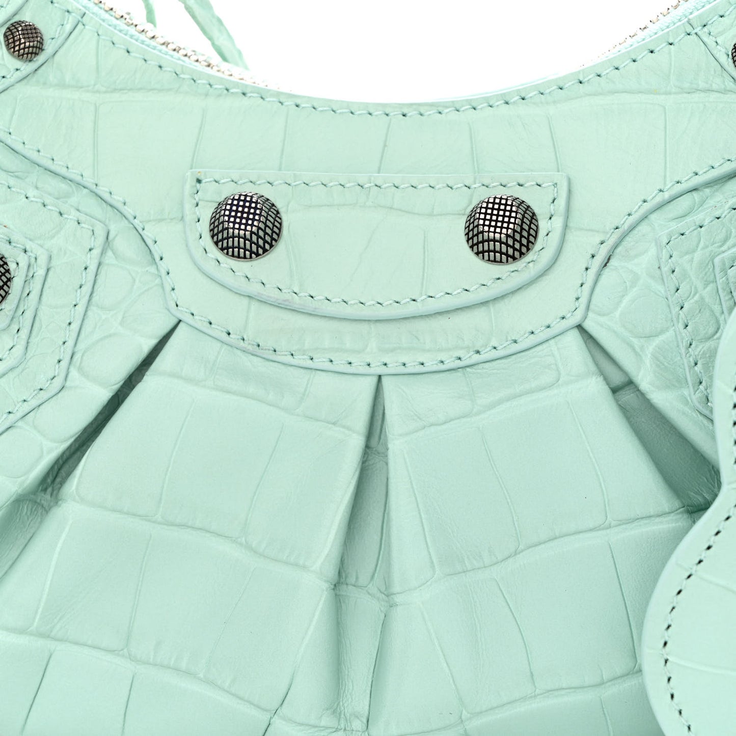 Extra Supple Calfskin Crocodile Embossed Le Cagole Shoulder Bag XS Green Acqua