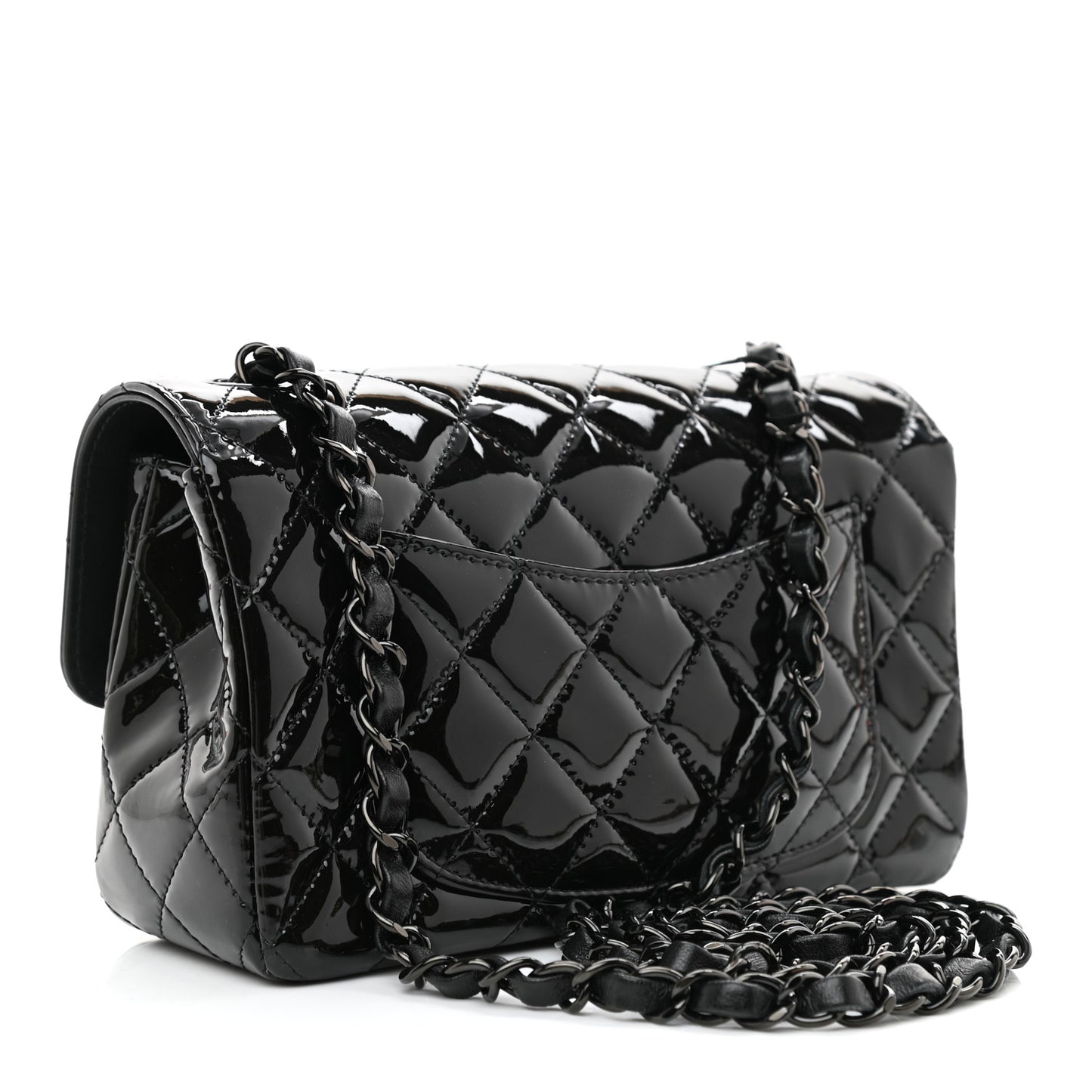 Patent Calfskin Quilted Mini Rectangular Flap So Black