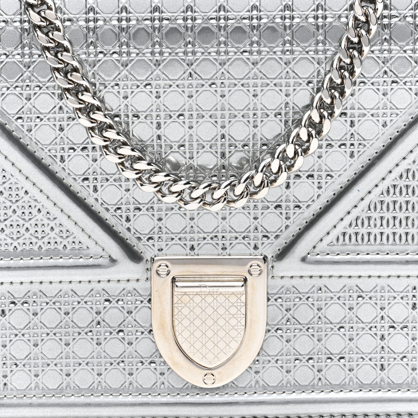 Metallic Patent Micro-Cannage Diorama Wallet on Chain Pouch Silver