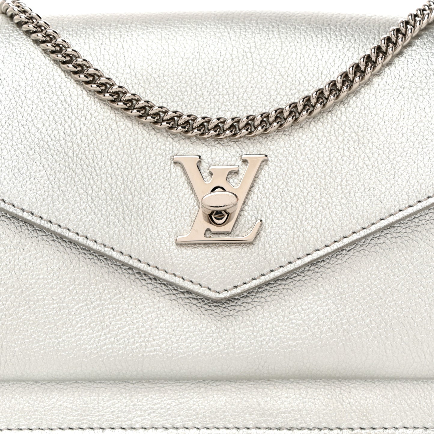 Metallic Soft Calfskin Mylockme Chain Pochette Silver