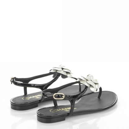 Chanel Patent Calfskin Camellia Thong Sandals 35 Black White 4 of 7