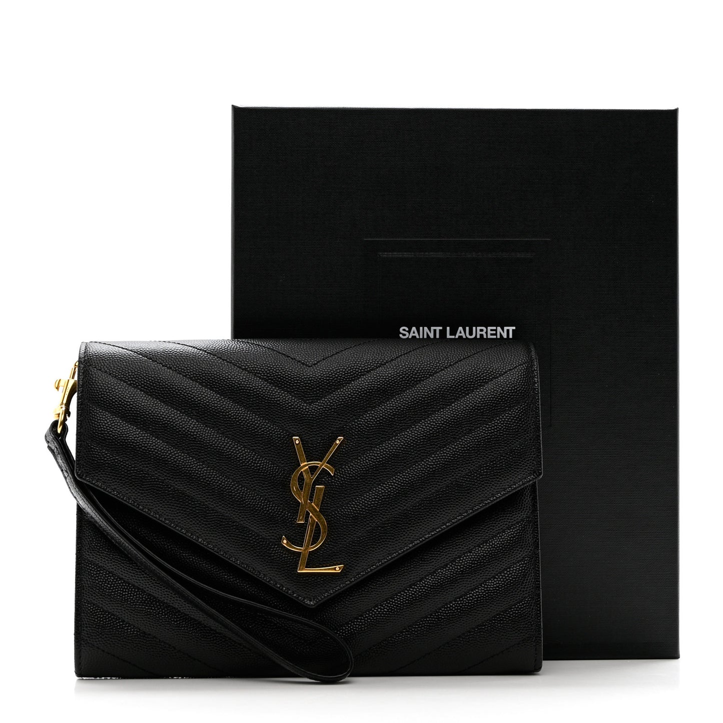 Grain De Poudre Matelasse Chevron Monogram Envelope Clutch Black