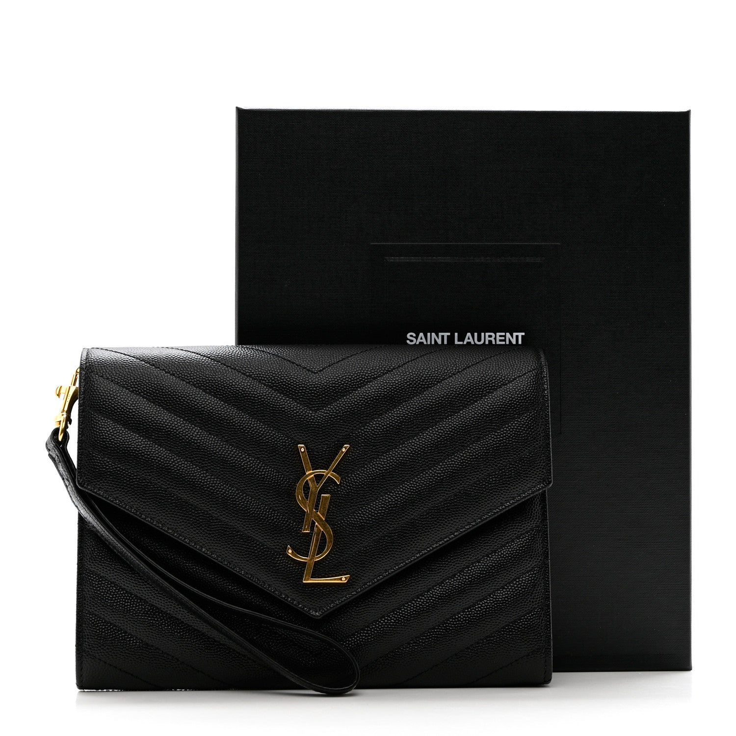 Saint Laurent Grain De Poudre Matelasse Chevron Monogram Envelope Clutch Black 9 of 9