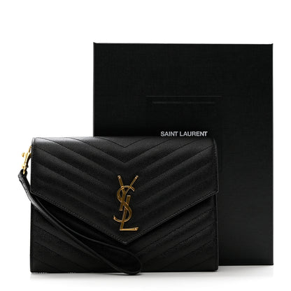 Saint Laurent Grain De Poudre Matelasse Chevron Monogram Envelope Clutch Black 9 of 9