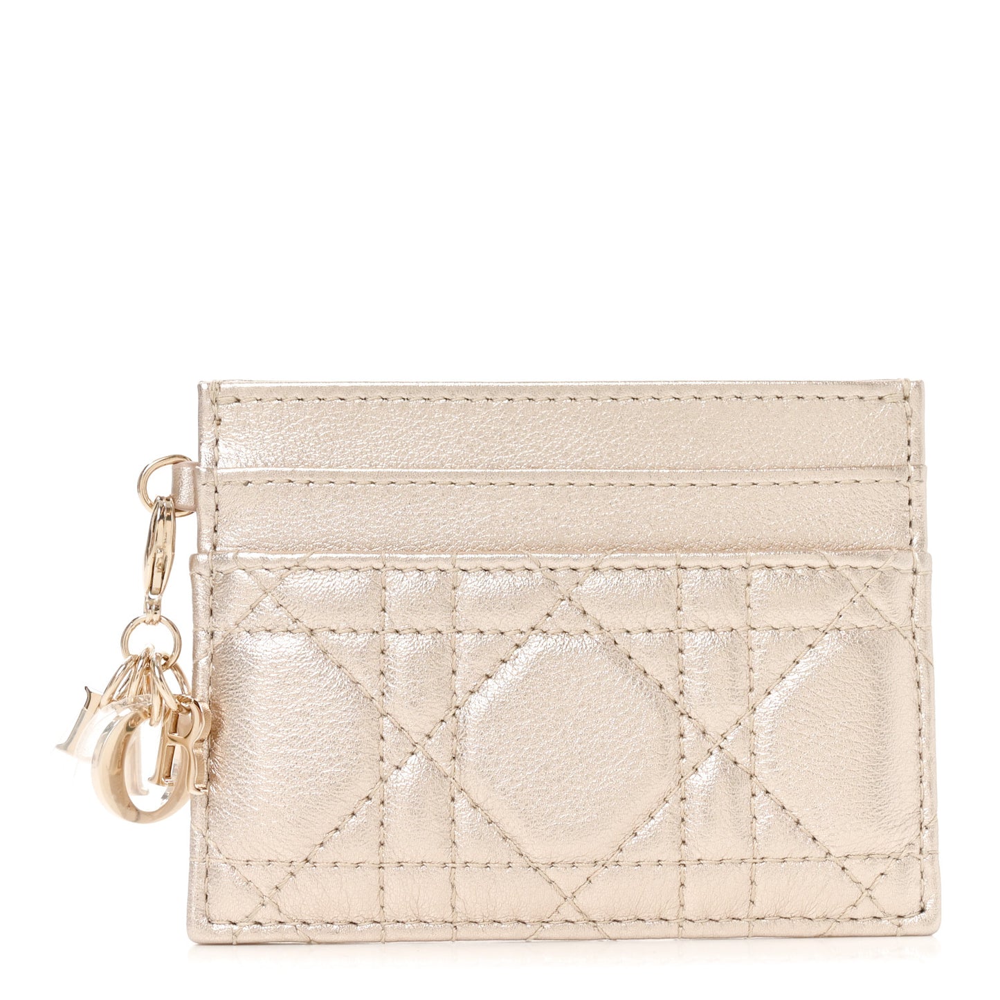 Metallic Calfskin Cannage Lady Dior Freesia Card Holder Gold