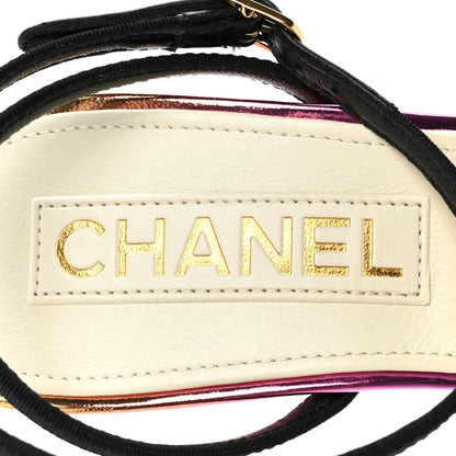 Chanel Laminated Calfskin Grosgrain Cap Toe CC Wedge Pumps 36.5 Pink Orange Yellow Black 8 of 9
