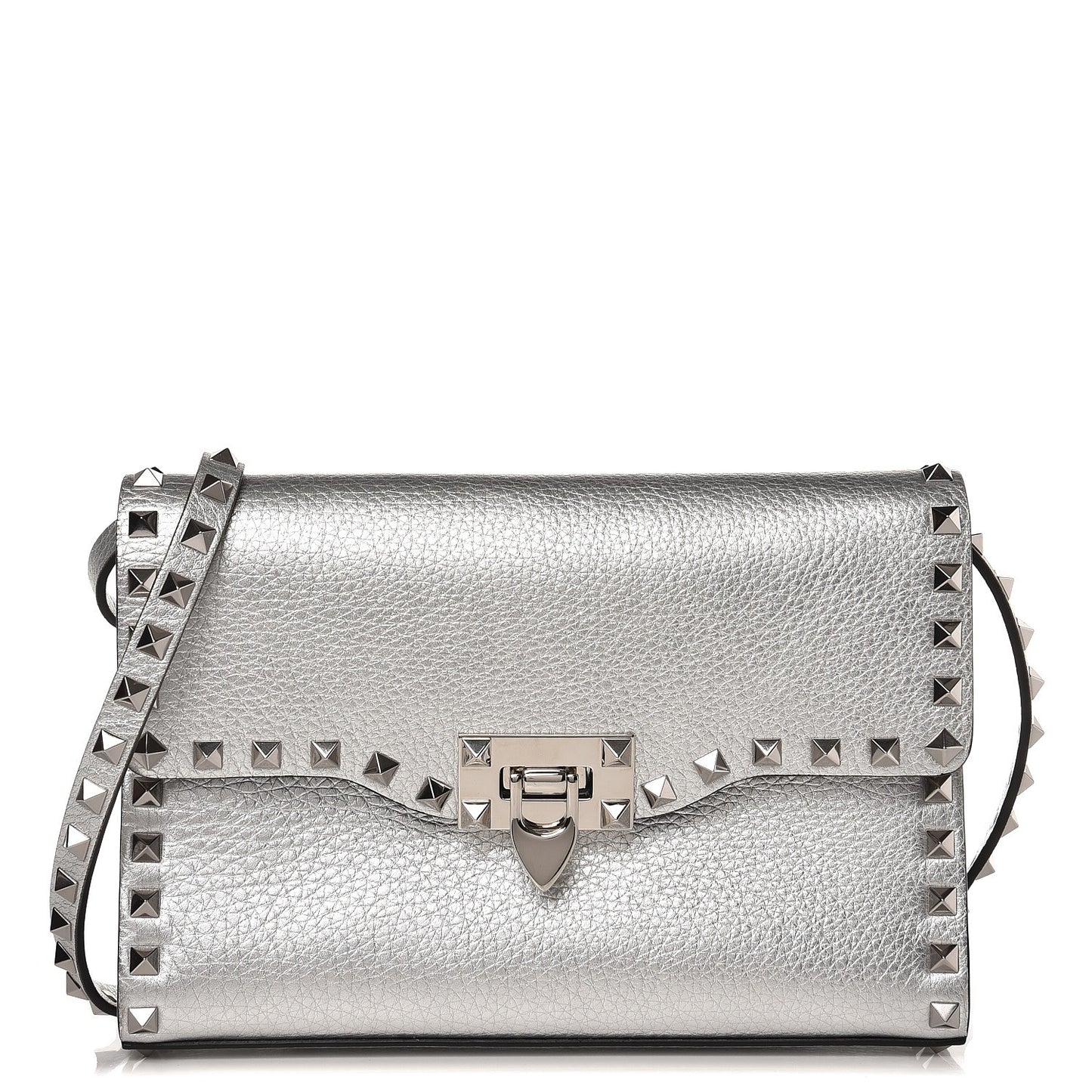 Metallic Pebbled Calfskin Medium Rockstud Flip Lock Crossbody Bag Silver