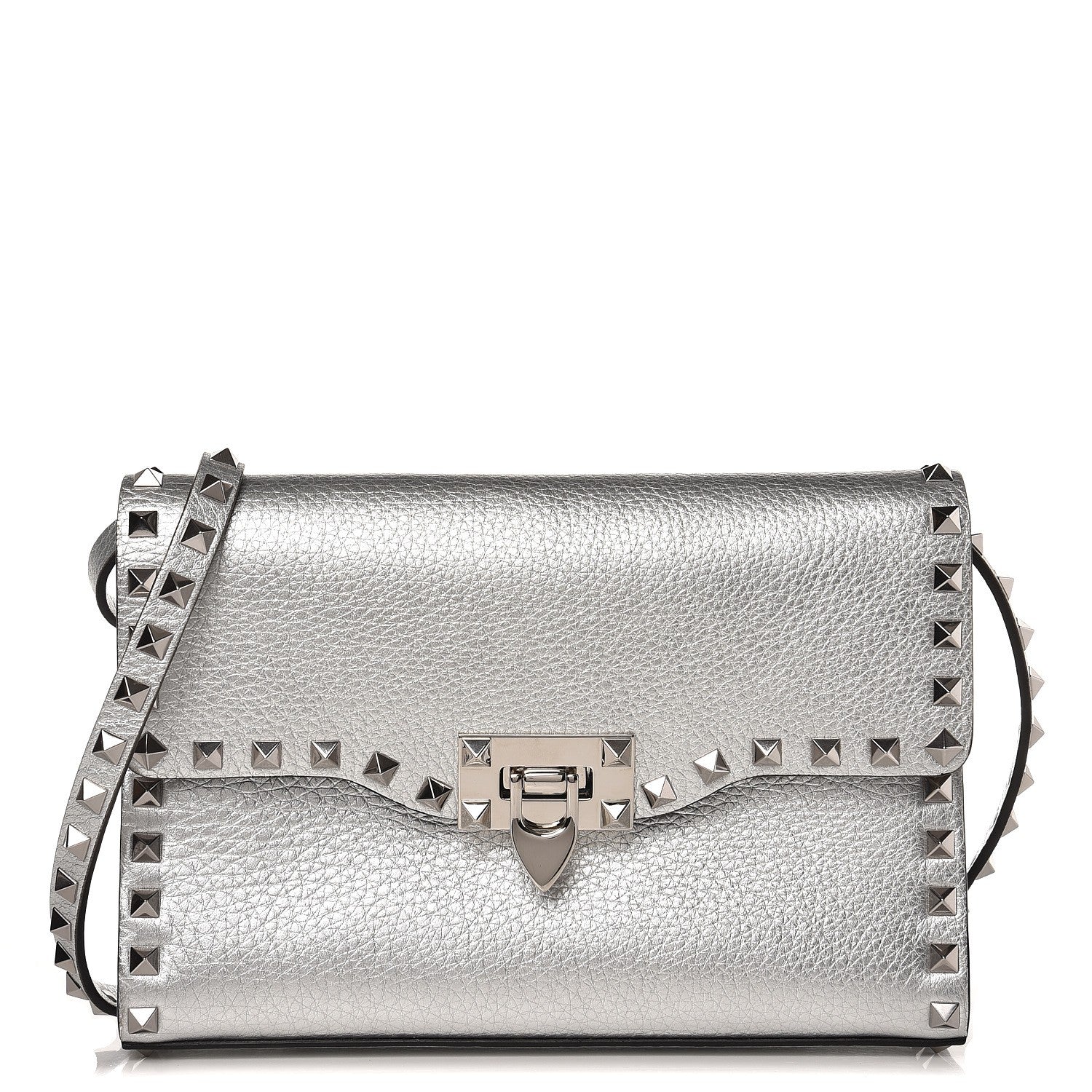 Valentino Garavani Metallic Pebbled Calfskin Medium Rockstud Flip Lock Crossbody Bag Silver 1 of 6