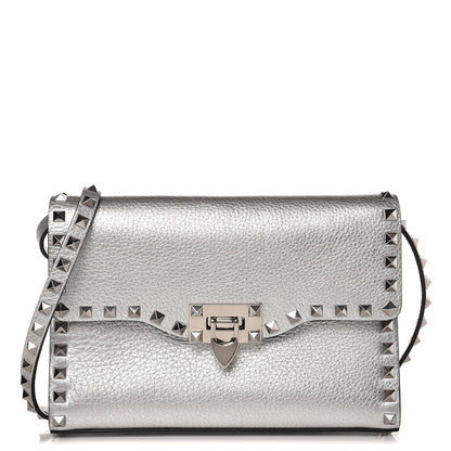 Valentino Garavani Metallic Pebbled Calfskin Medium Rockstud Flip Lock Crossbody Bag Silver 1 of 6
