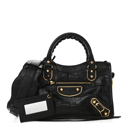 Balenciaga Calfskin Crocodile Embossed Gold Metallic Edge Hardware Mini City Black 1 of 9
