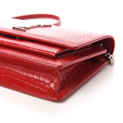 Saint Laurent Calfskin Crocodile Embossed Monogram Sunset Chain Wallet New Lipstick Red 7 of 10