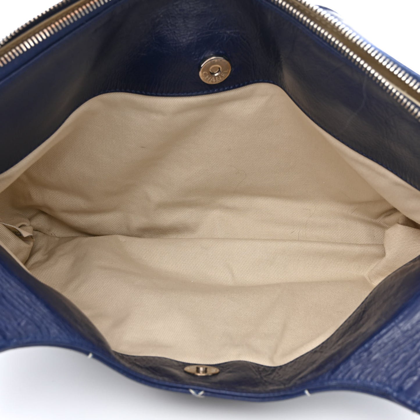 Glazed Goatskin Double Stitch Shoulder Bag Navy Blue