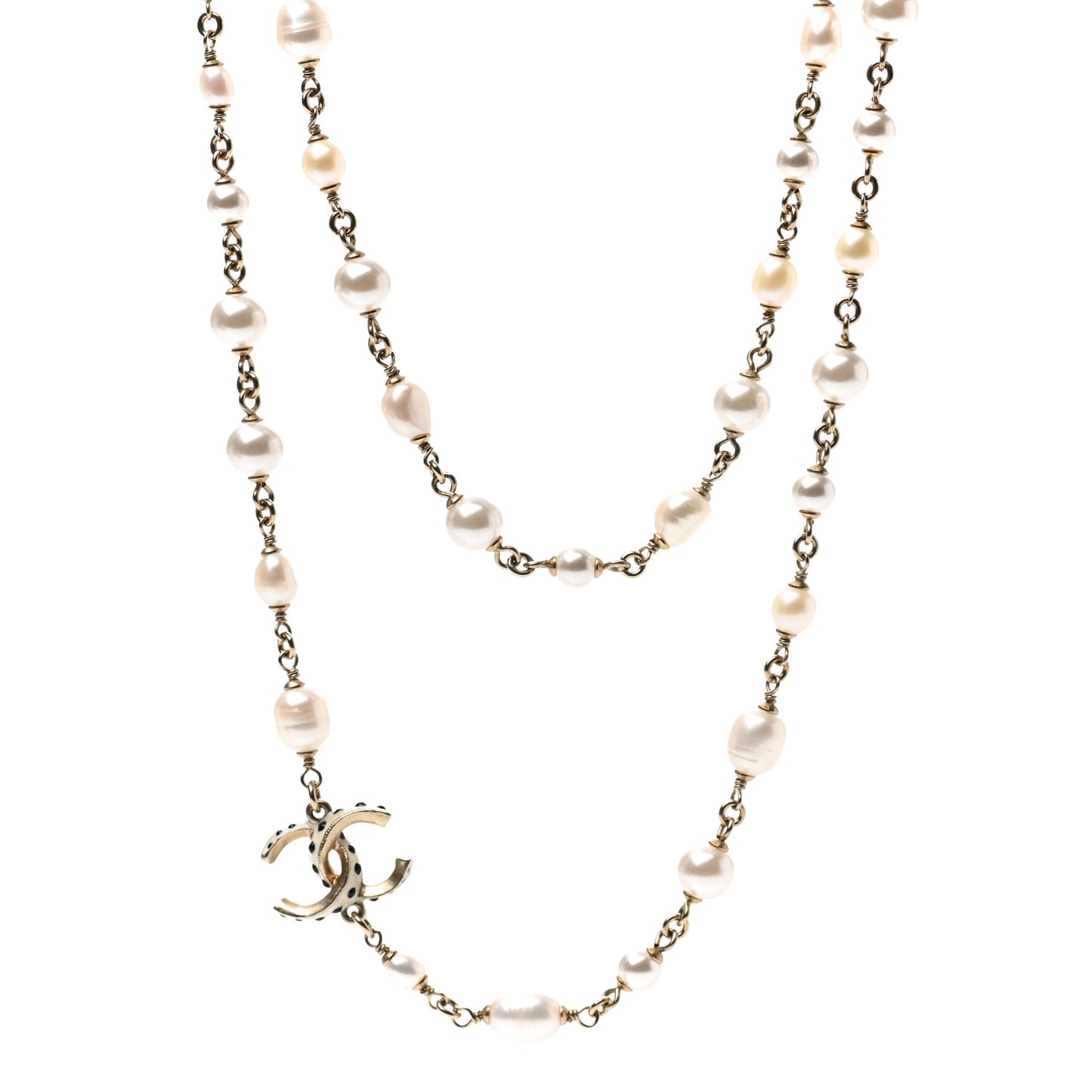 Enamel Pearl CC Long Necklace Gold
