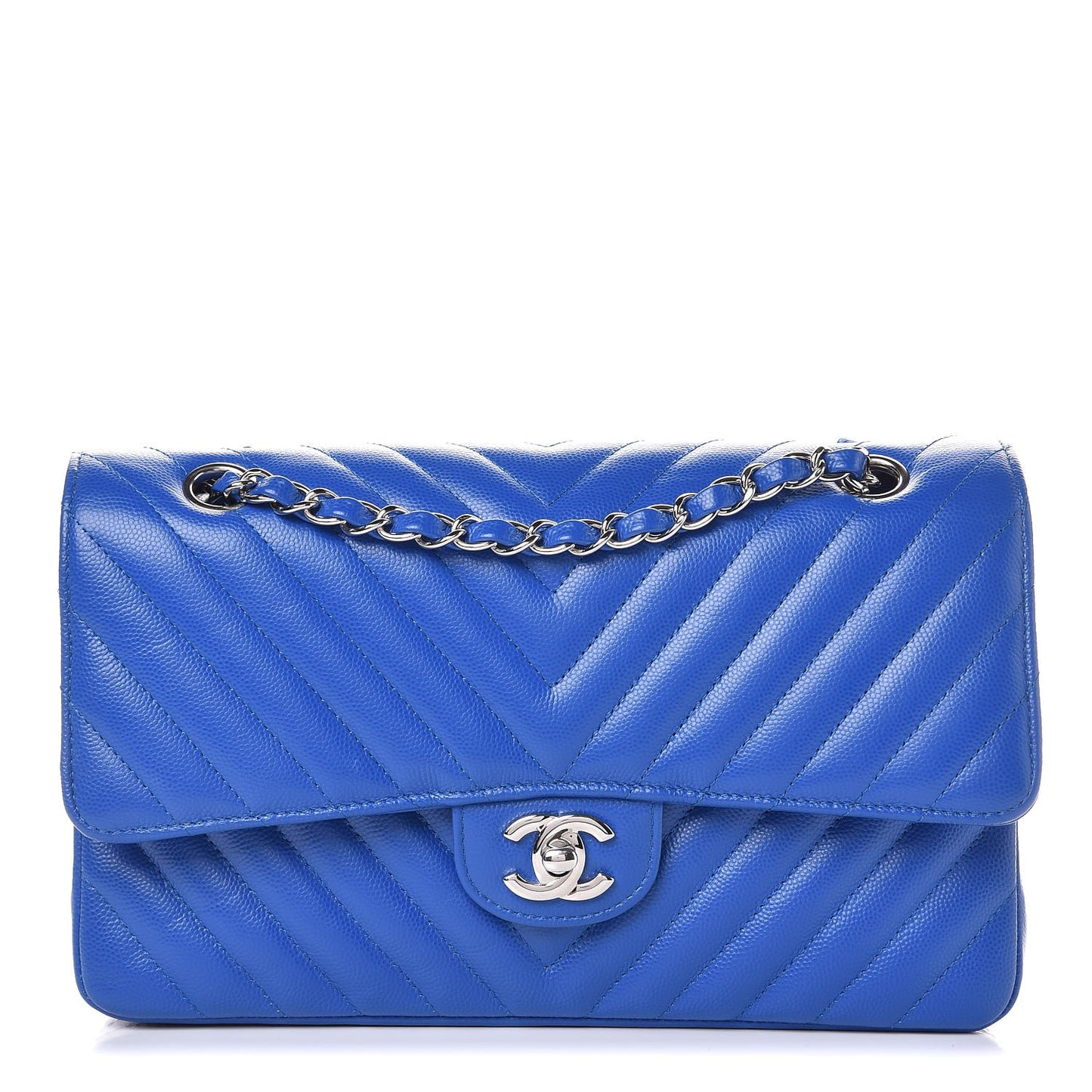 Caviar Chevron Quilted Medium Double Flap Bright Blue
