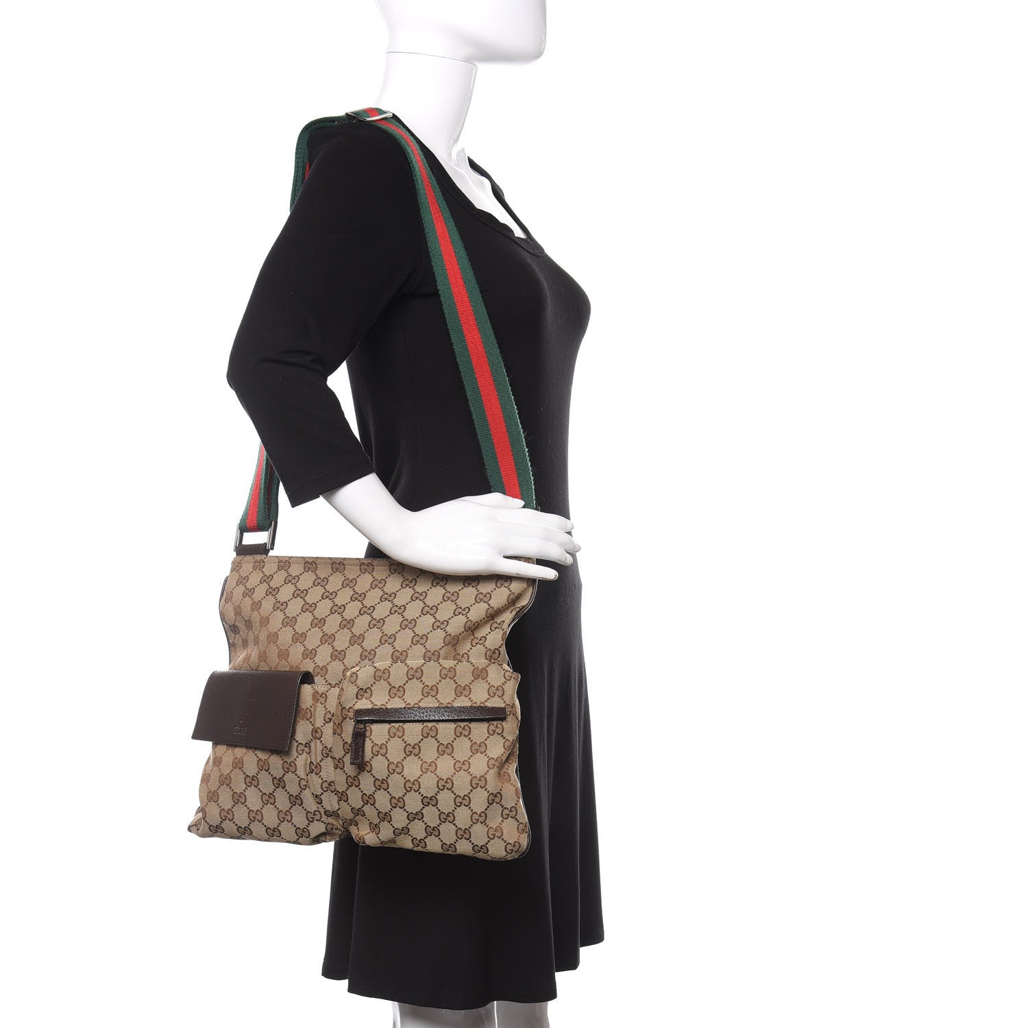 Gucci Monogram Web Medium Double Pocket Messenger Bag Dark Brown 2 of 9
