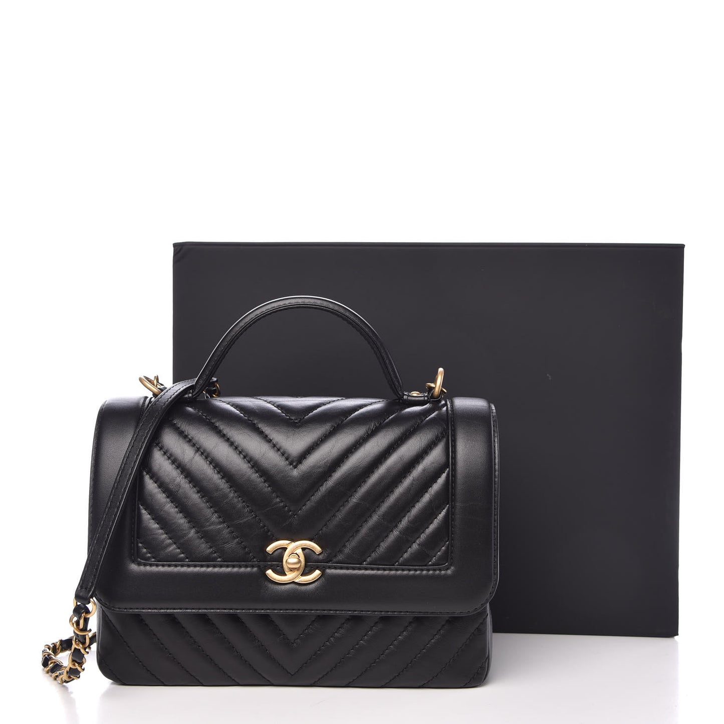 Calfskin Chevron Quilted Top Handle Flap Black