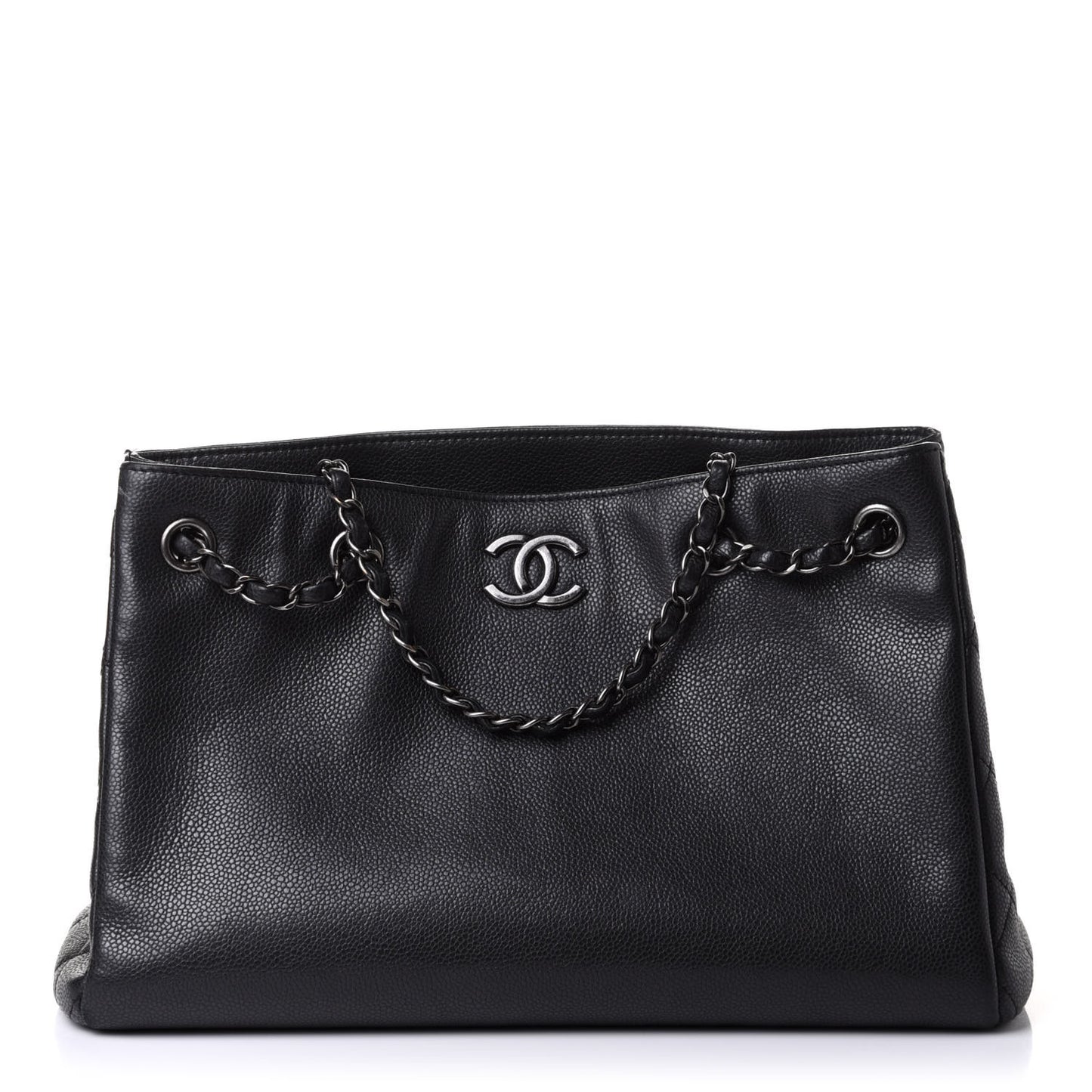 Metallic Grained Calfskin Medium Woven Chain Shopping Tote Black