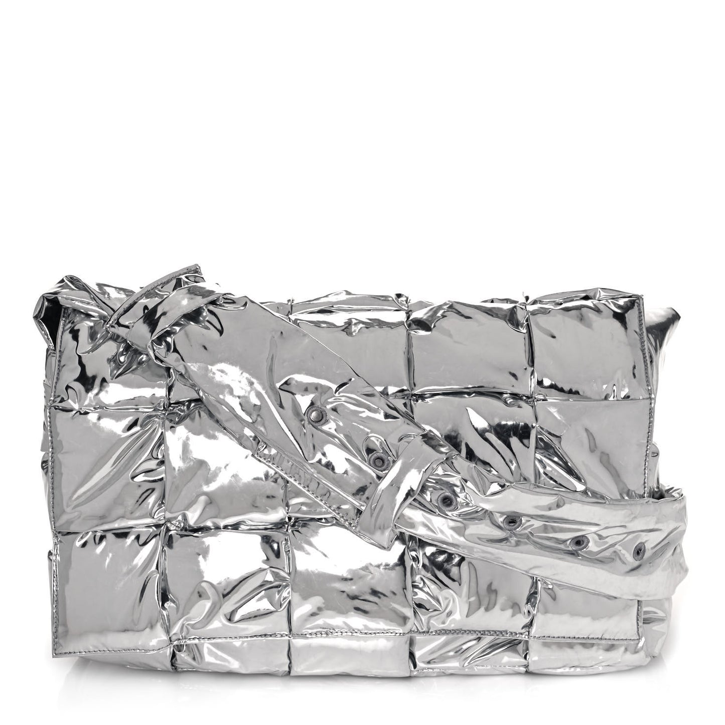 Metallic Calfskin Maxi Intrecciato Padded Cassette Crossbody Bag Silver