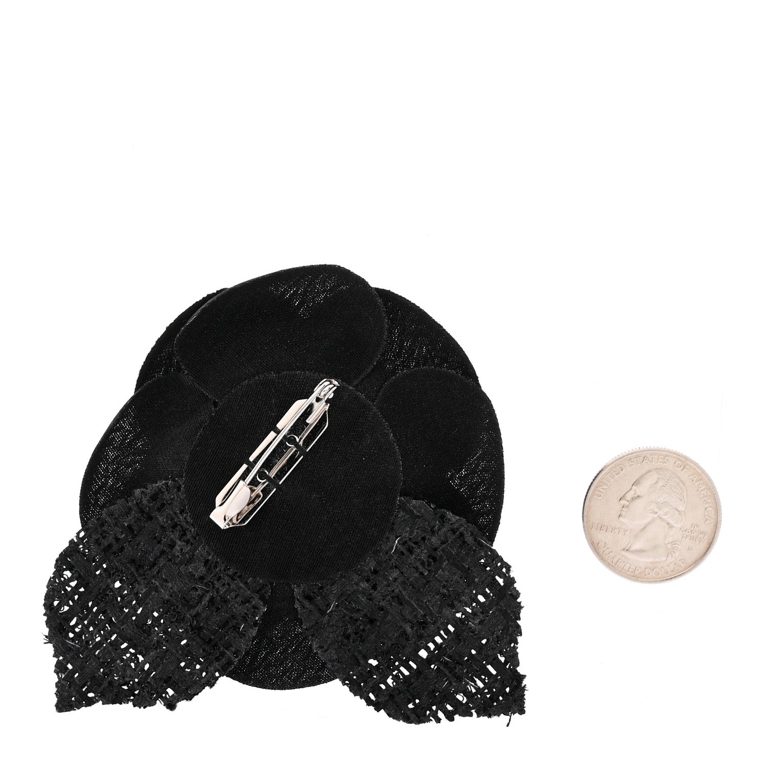 Chanel Tweed Fabric Camellia Pin Brooch Black 2 of 3