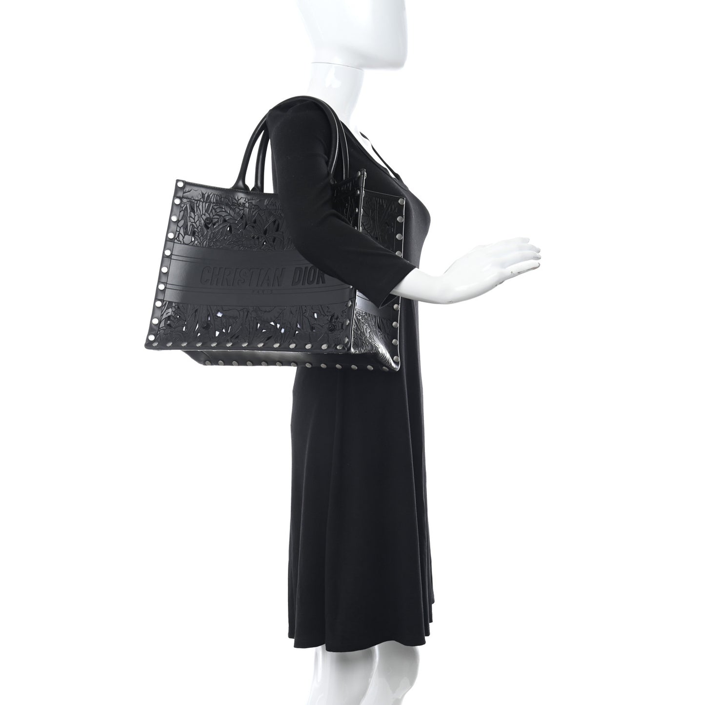 Calfskin Laser Cut Studded Medium Book Tote Black