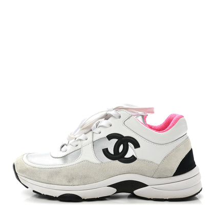Chanel Calfskin Fabric Sneakers 38 White Silver Fluo Pink 1 of 8