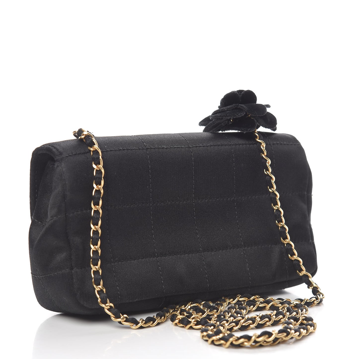 Satin Chocolate Bar Quilted Camellia Rectangular Mini Flap Black