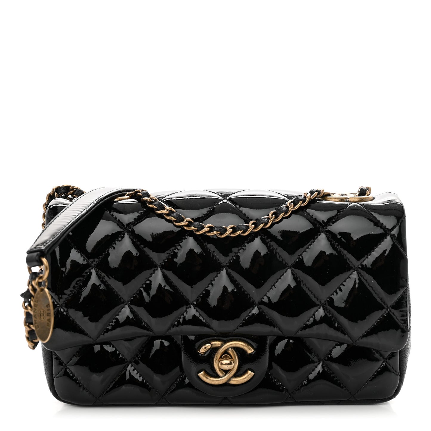 Patent Goatskin Quilted Small CC Eyelet Flap Black
