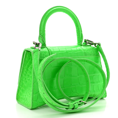 Balenciaga Shiny Calfskin Crocodile Embossed Hourglass Top Handle Bag XS Fluo Green 3 of 12