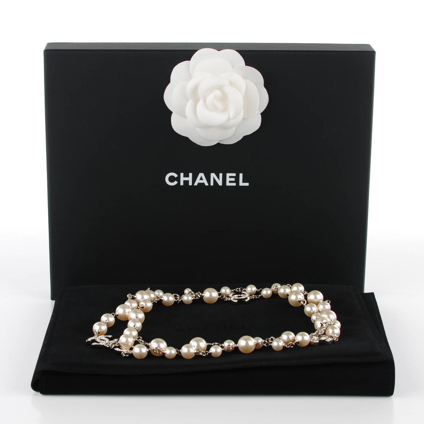 Crystal Pearl CC Long Necklace Silver
