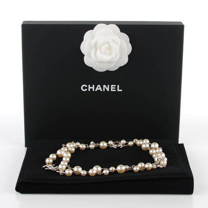 Chanel Crystal Pearl CC Long Necklace Silver 4 of 7