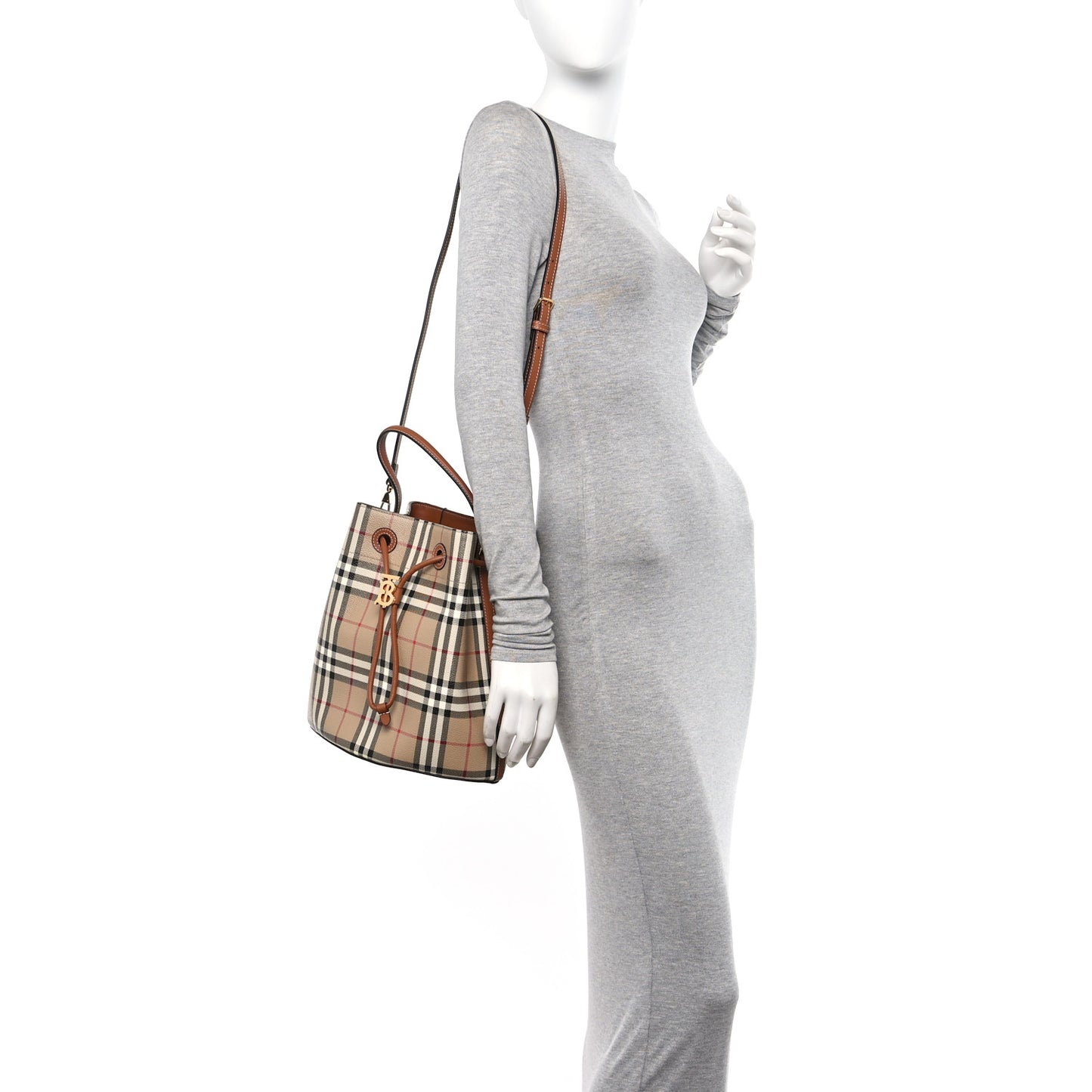 E-Canvas Vintage Check Small Drawstring Bucket Bag Briar Brown